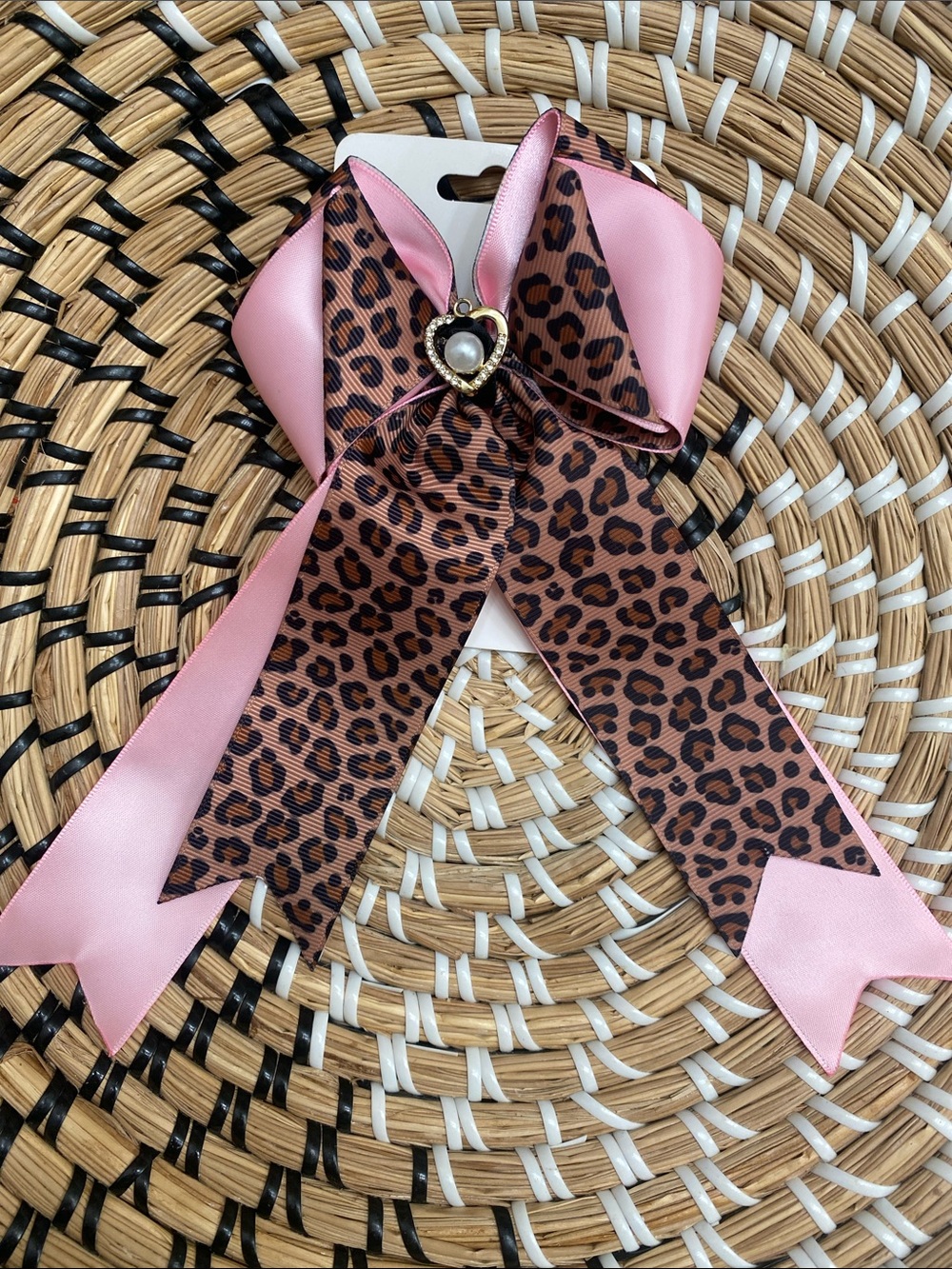 Pink Satin & Leopard Print Hair Bow with Heart Accent - Picture 2 of 4